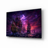 Pirate Galleon Fleet Crimson Purple Sky Glass Wall Art
