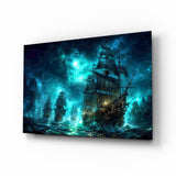 Ghost Pirate Ships Glowing Teal Storm Glass Wall Art