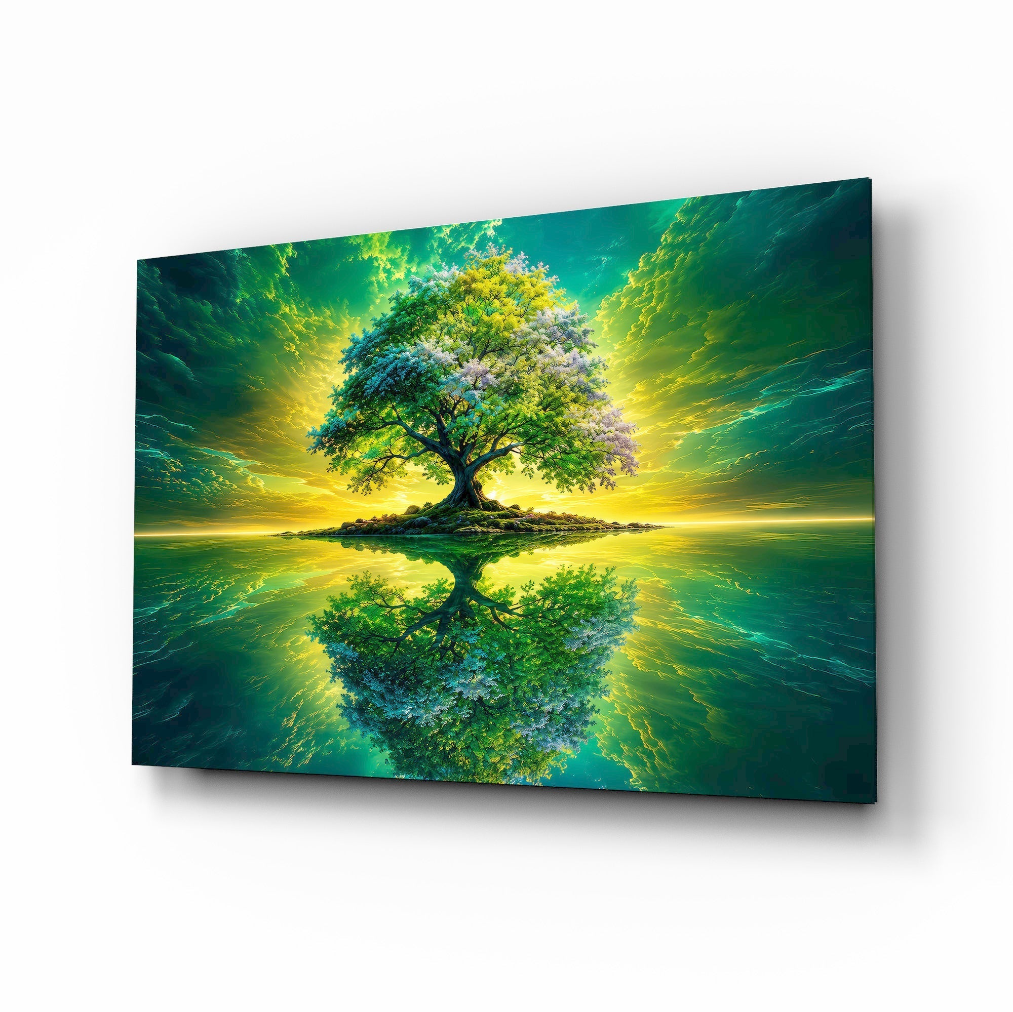 Emerald Tree of Life Mirrored Lake Glass Wall Art