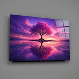 Violet Blossom Tree Twilight Reflection Glass Wall Art
