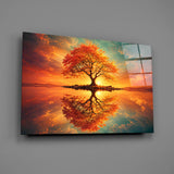Autumn Amber Tree Sunset Reflection Glass Wall Art