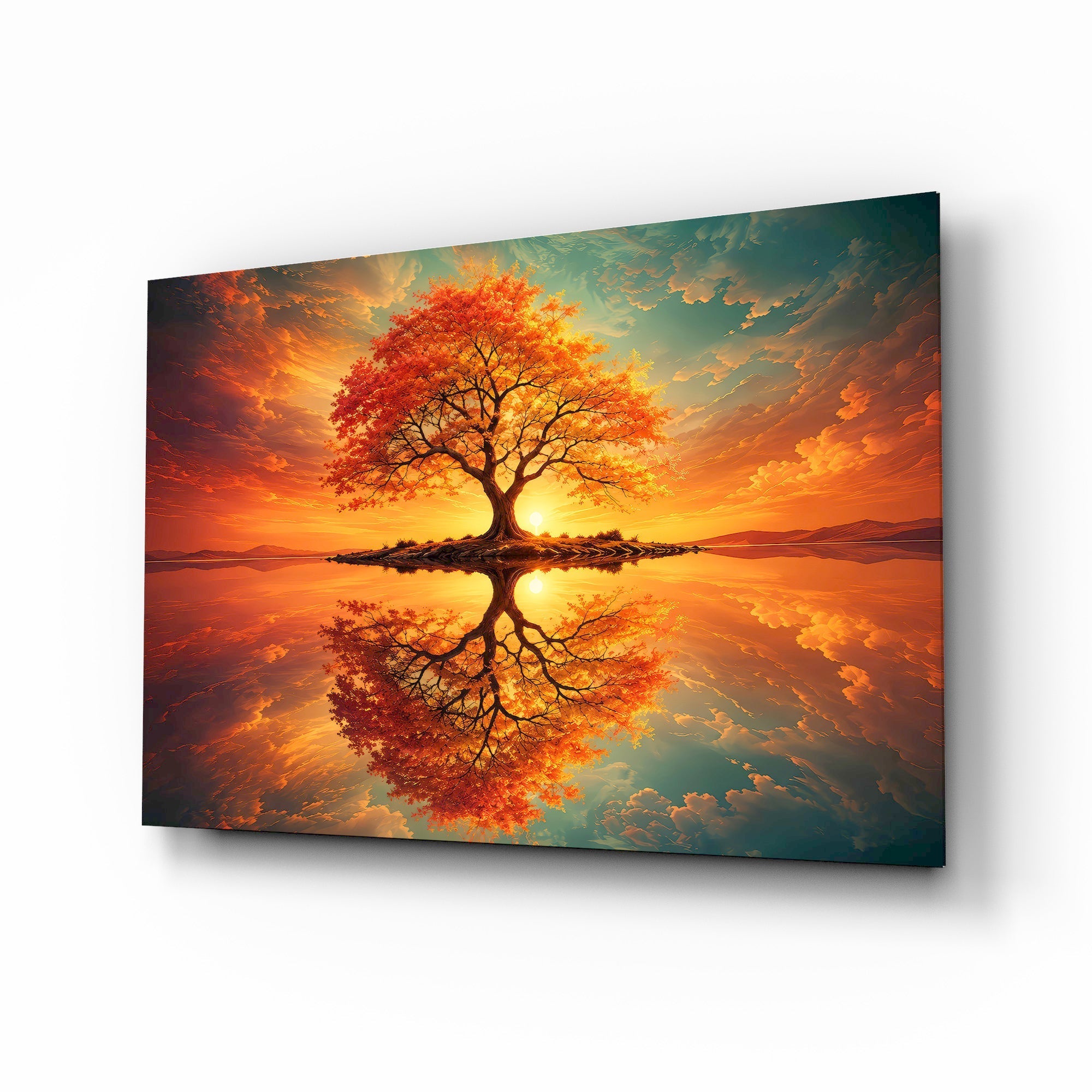 Autumn Amber Tree Sunset Reflection Glass Wall Art