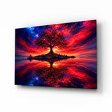 Crimson Tree Fiery Sky Cosmic Glass Wall Art