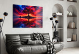 Crimson Tree Fiery Sky Cosmic Glass Wall Art