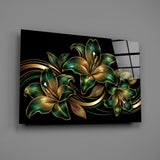 Emerald and Gold Lilies Black Glass Wall Art