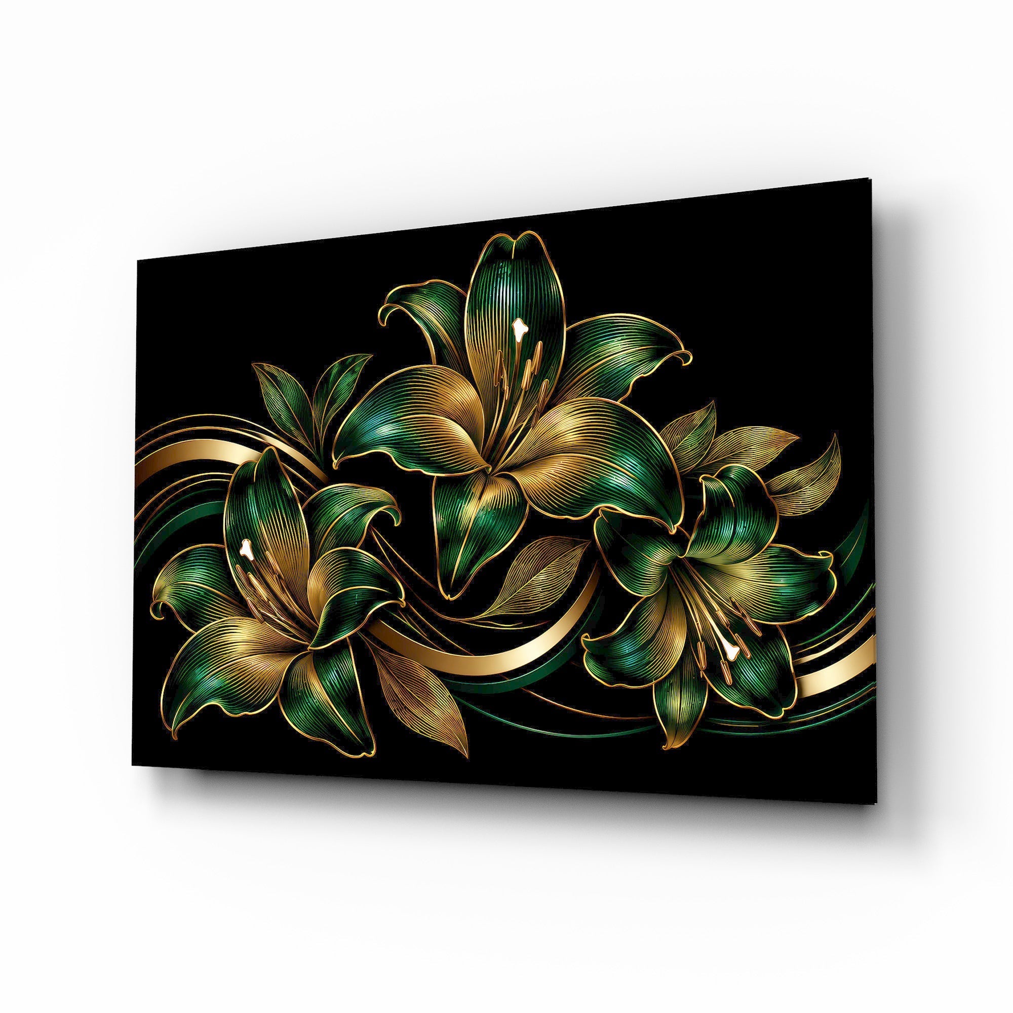 Emerald and Gold Lilies Black Glass Wall Art