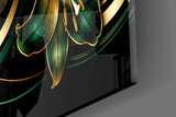 Emerald and Gold Lilies Black Glass Wall Art