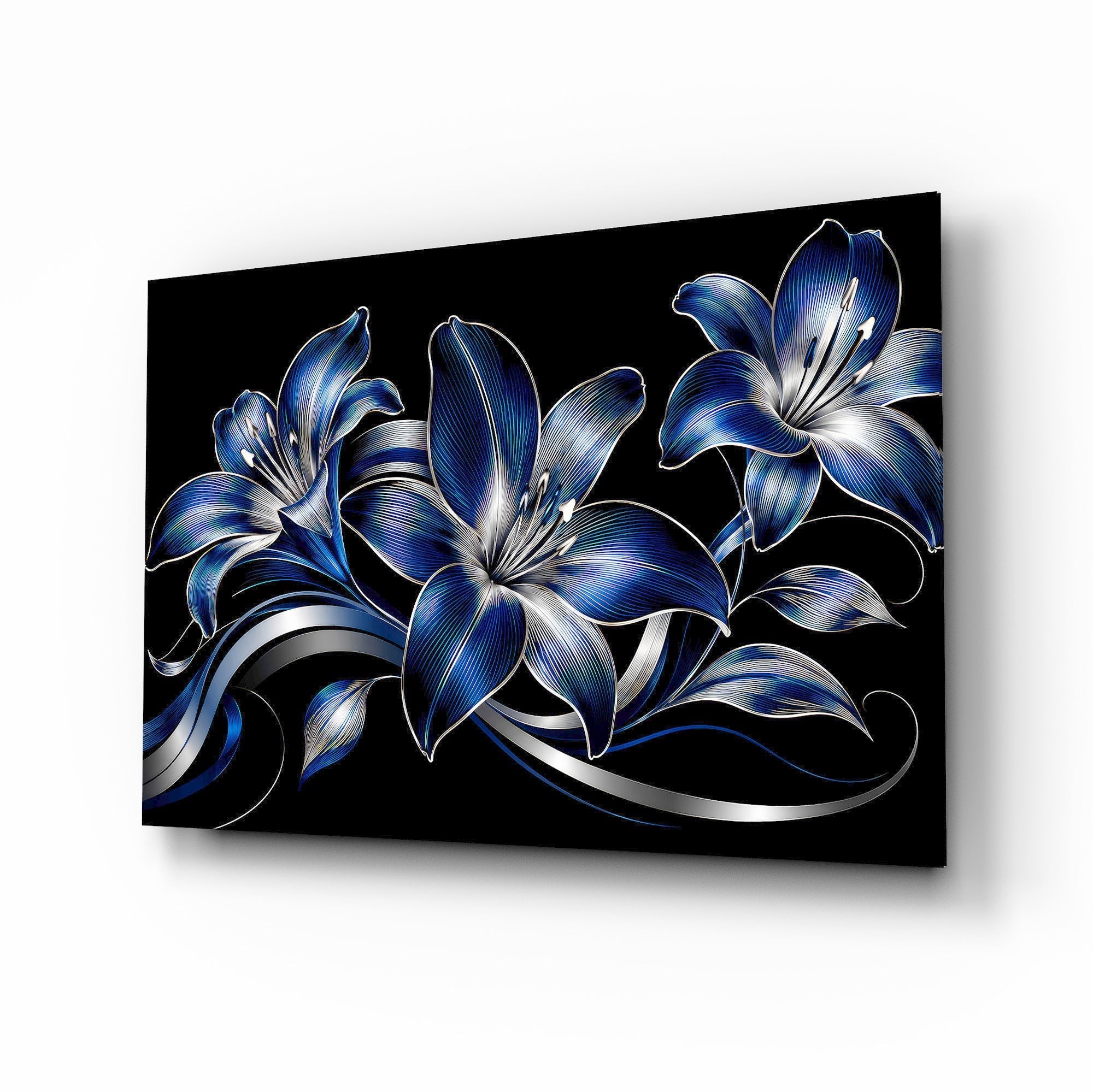 Sapphire Blue and Silver Lilies Glass Wall Art