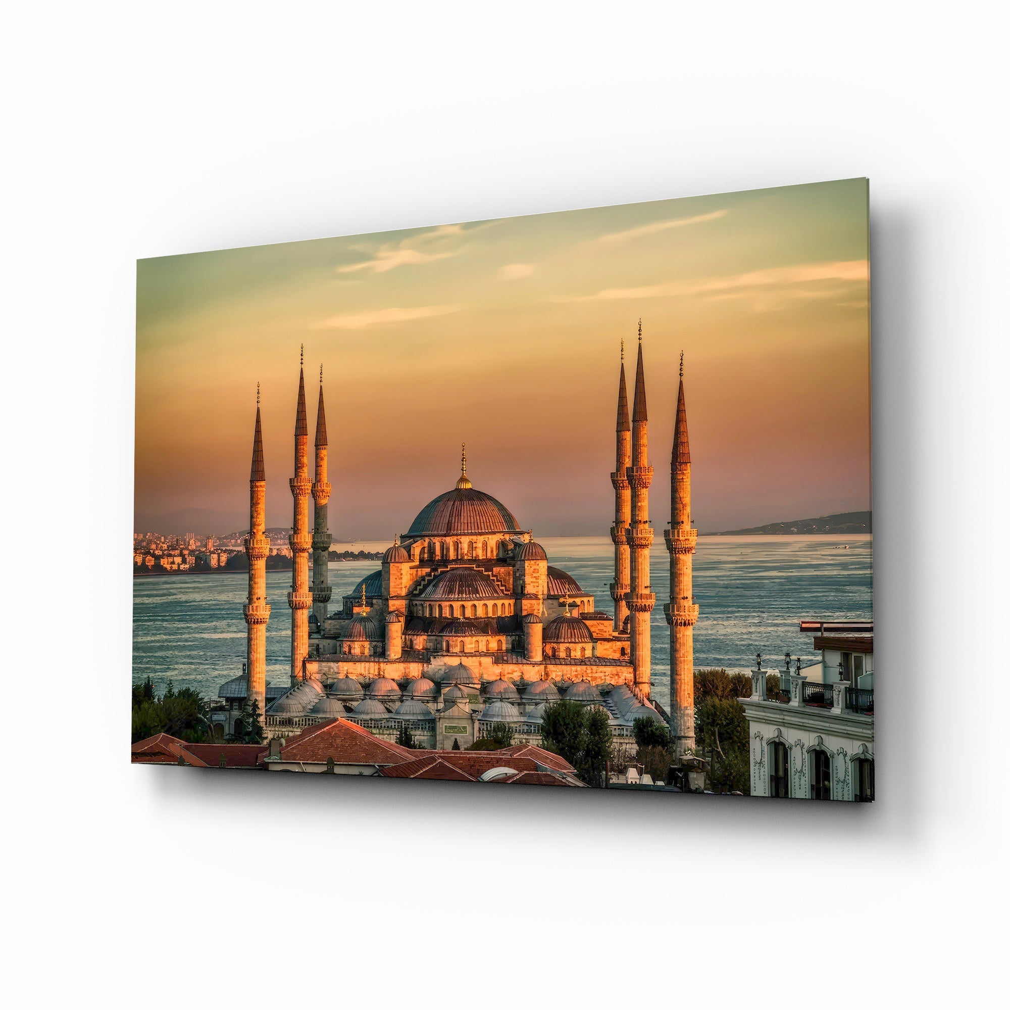 Golden Sunset Six-Minaret Mosque Glass Wall Art
