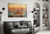 Golden Sunset Six-Minaret Mosque Glass Wall Art