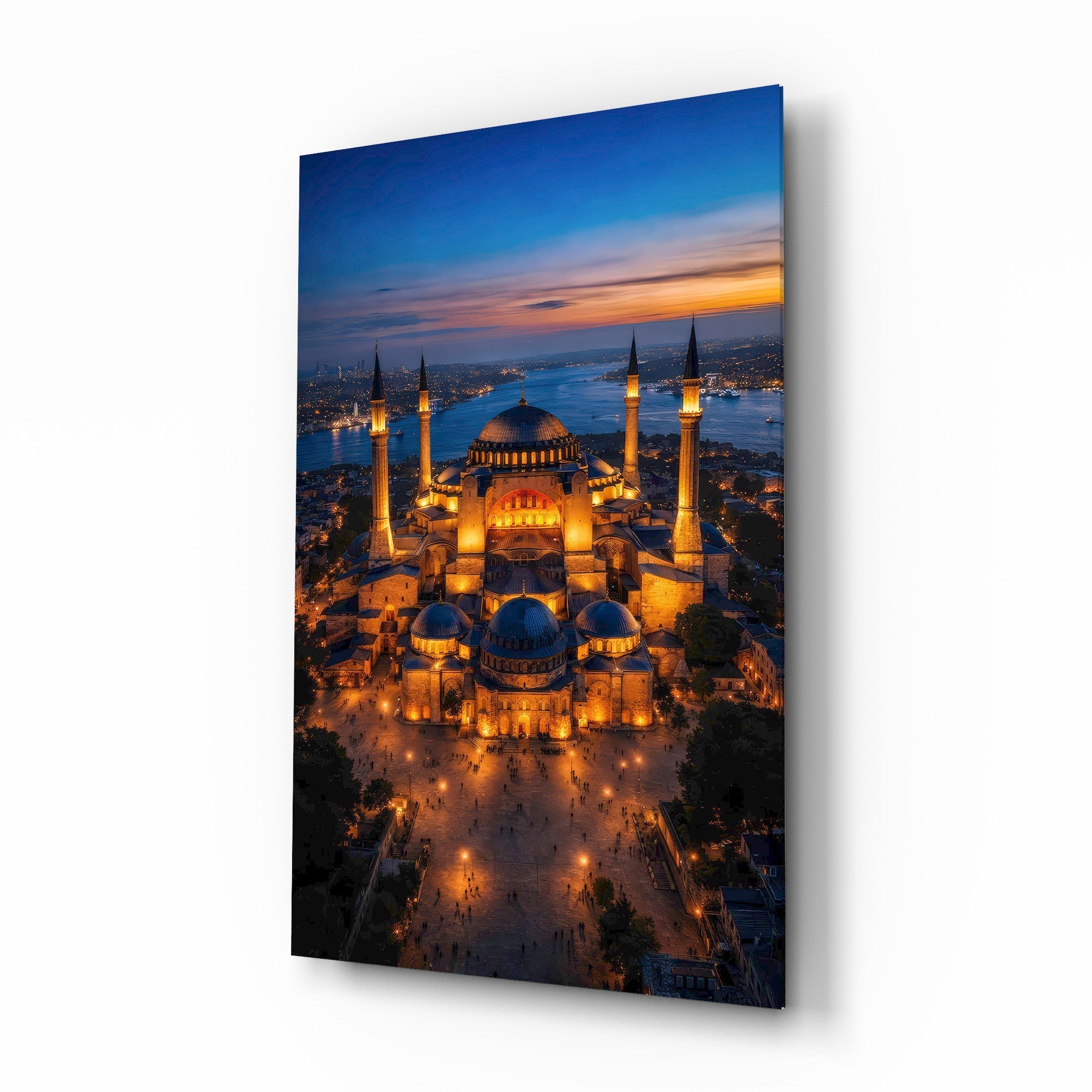 Twilight Aerial Illuminated Mosque Glass Wall Art