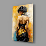 Golden Grace Woman in Black and Gold Gown Glass Wall Art