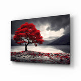 RED MAPLE TREE BY A MISTY LAKE Glass Wall Art