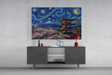 Mount Fuji Pagoda Van Gogh Style Glass Wall Art