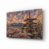 Mount Fuji Pagoda Cubist Style Glass Wall Art