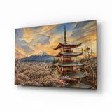 Mount Fuji Pagoda Surrealist Style Glass Wall Art