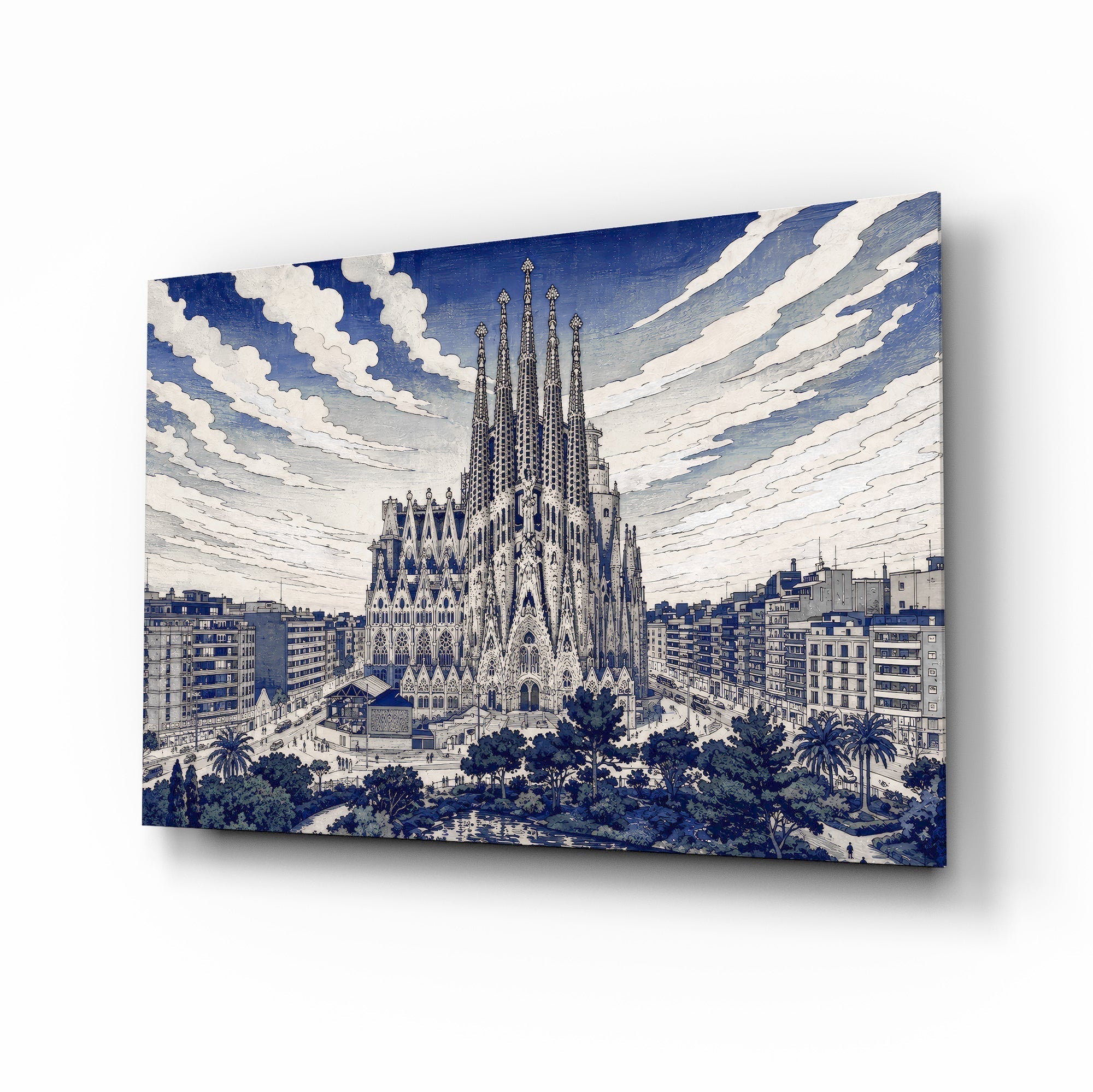 Sagrada Familia Hokusai Style Glass Wall Art
