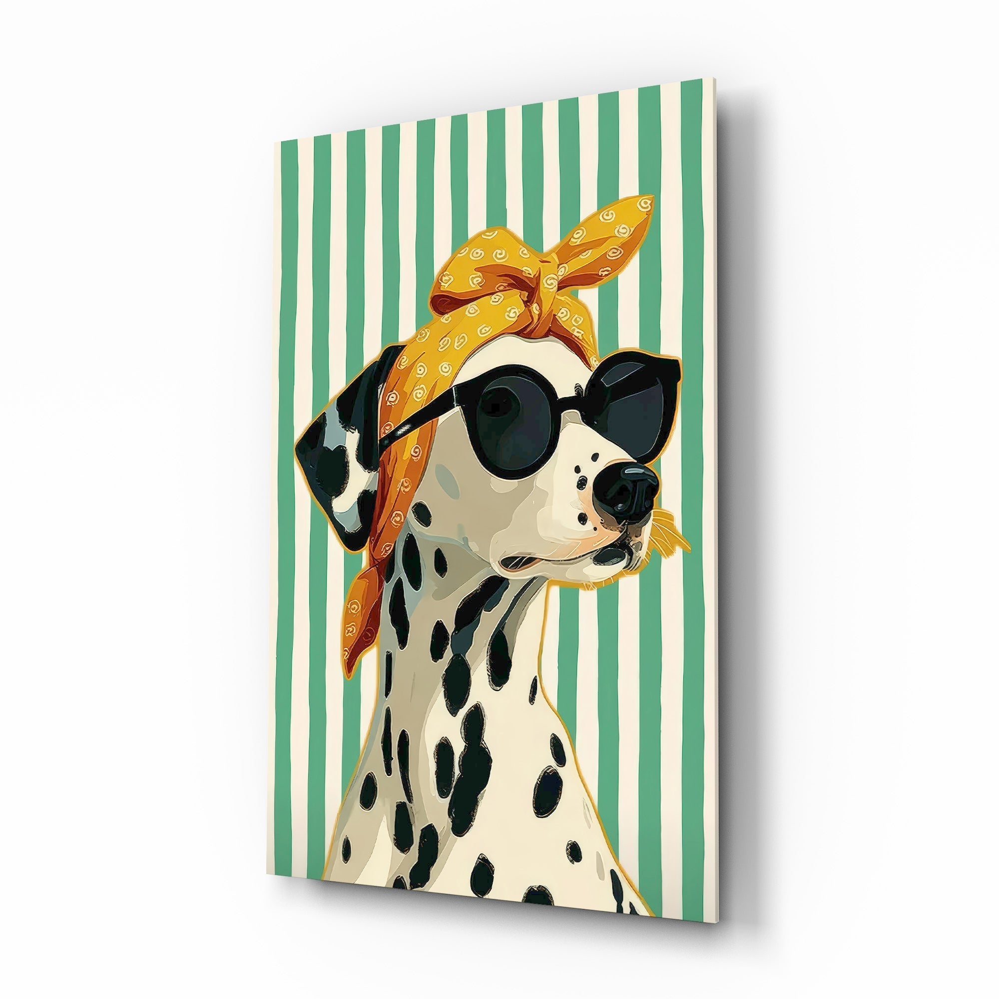 Dalmatian in Bandana and Round Sunglasses Glass Wall Art