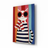 Striped Cat in Red Sunglasses Naive Art Glass Wall Art