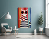Striped Cat in Red Sunglasses Naive Art Glass Wall Art