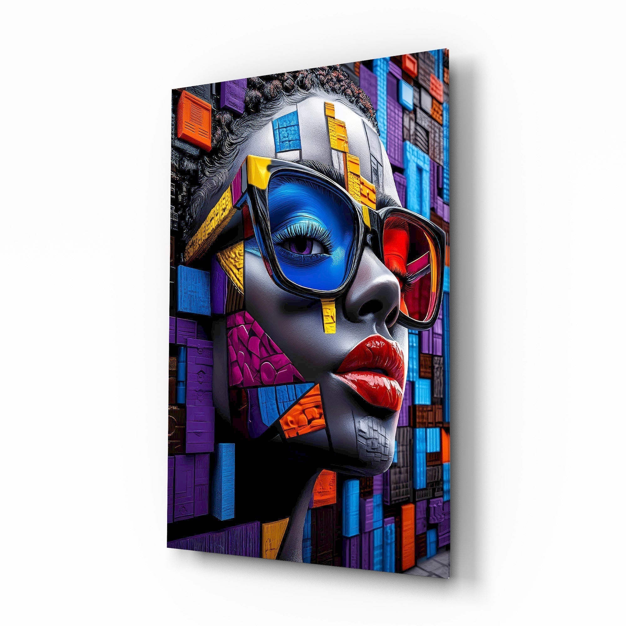 Mosaic Block Woman Portrait Cubist Glass Wall Art