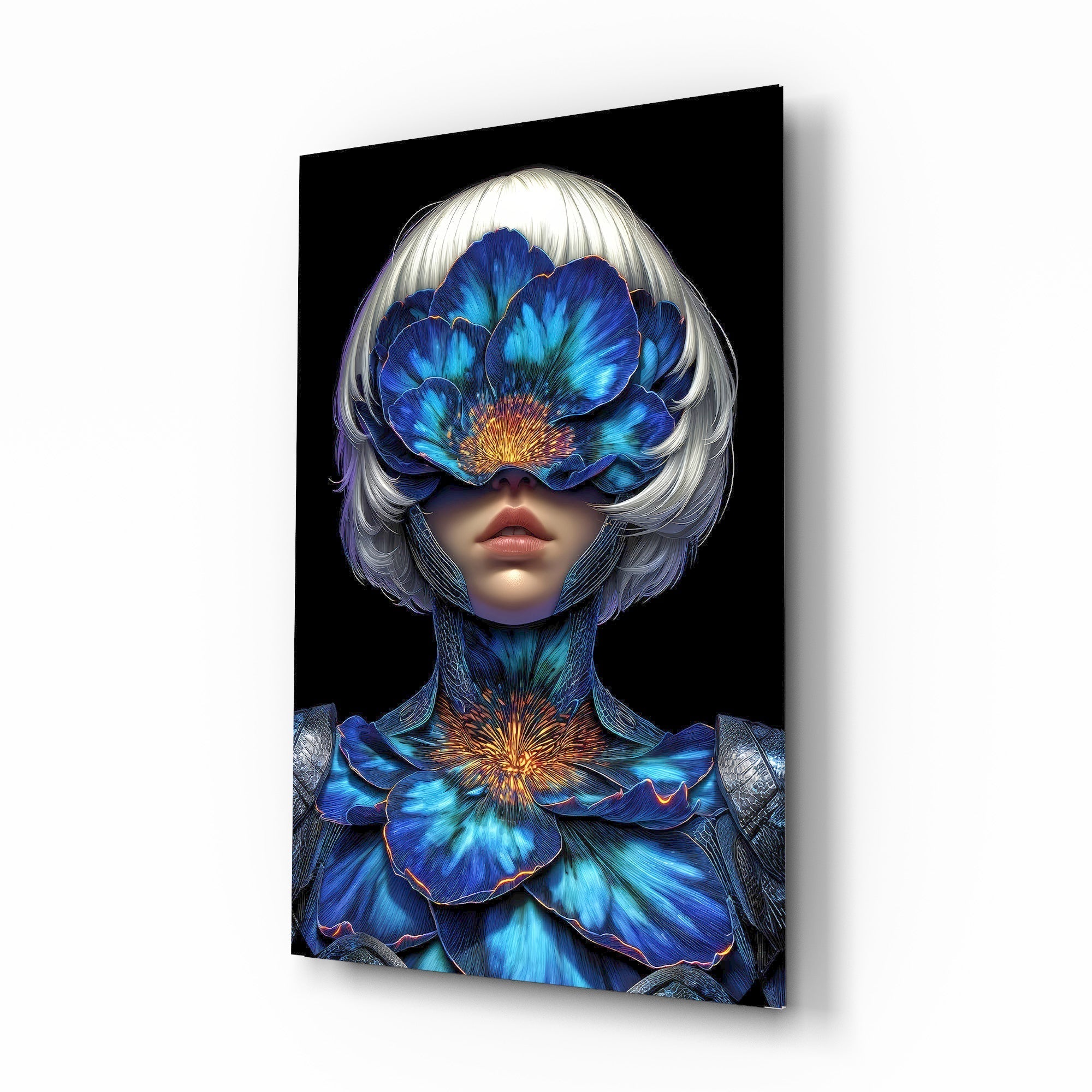 Blue Orchid Masked Woman Surreal Glass Wall Art