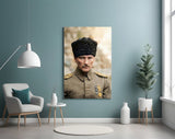 Atatürk Portrait in Kalpak Colourised Glass Wall Art