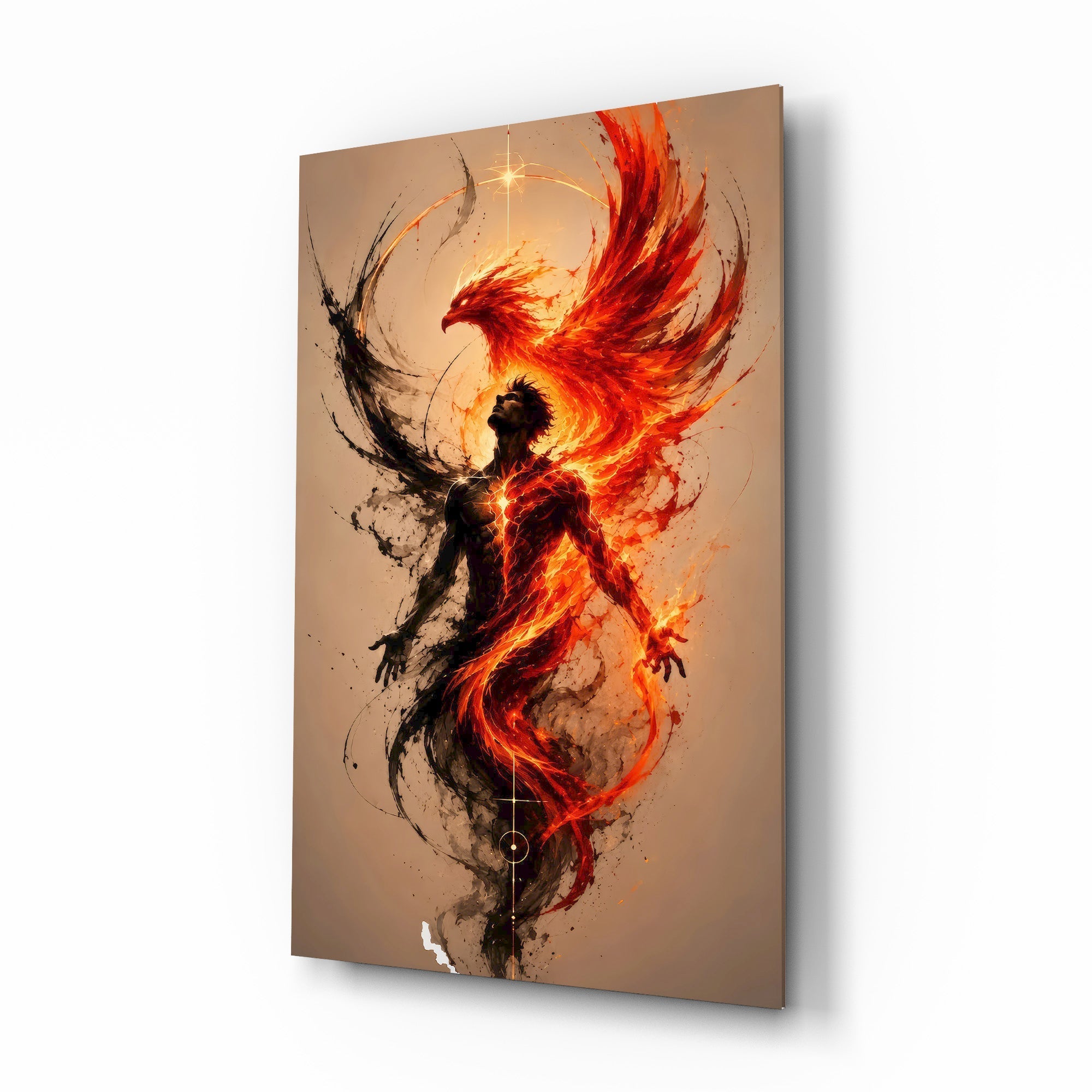 Rising Phoenix Fire and Ink Figure Glass Wall Art