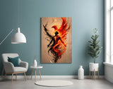 Rising Phoenix Fire and Ink Figure Glass Wall Art