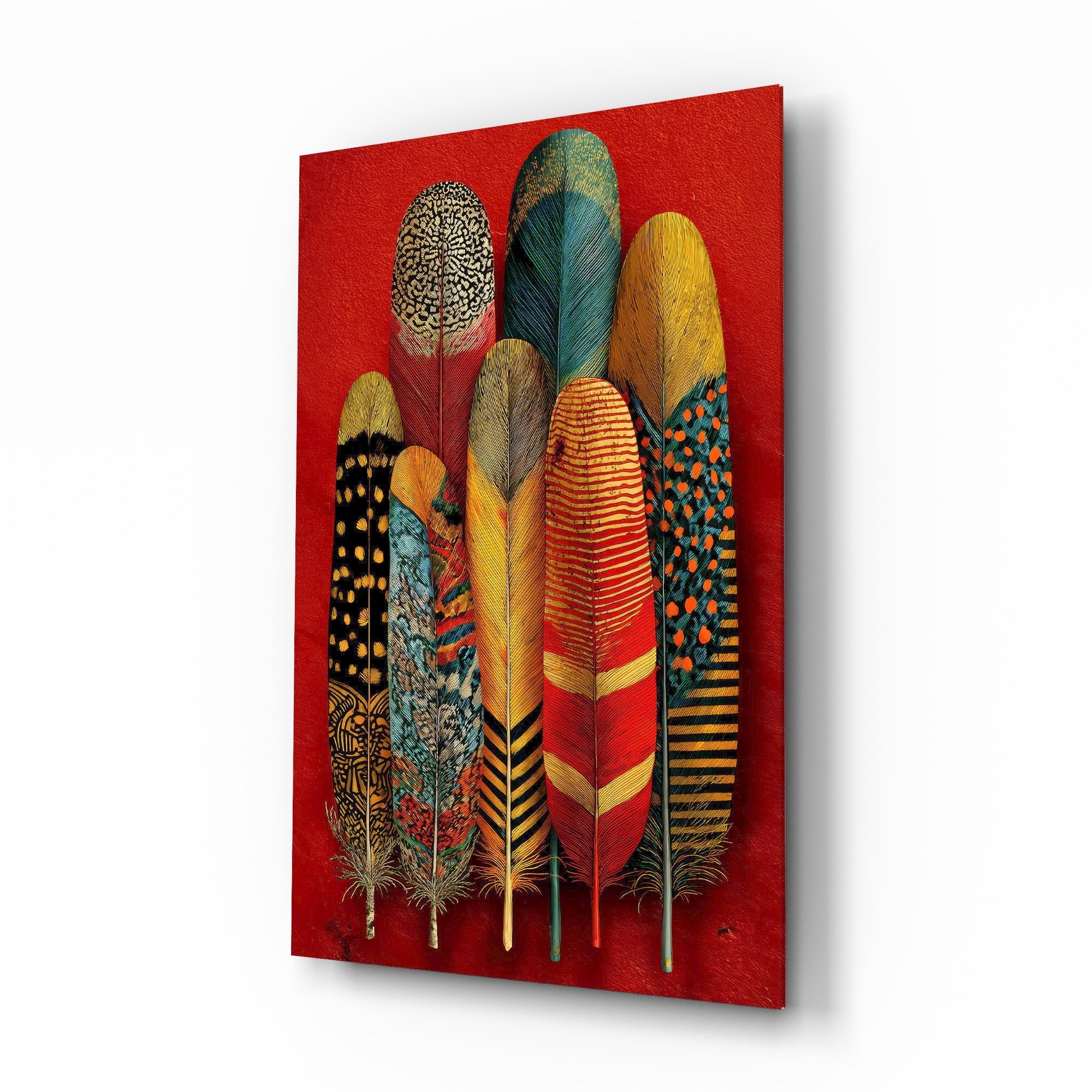 Patterned Feather Collection Red Ground Glass Wall Art
