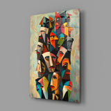 Cubist Faces Bright Colour Crowd Glass Wall Art