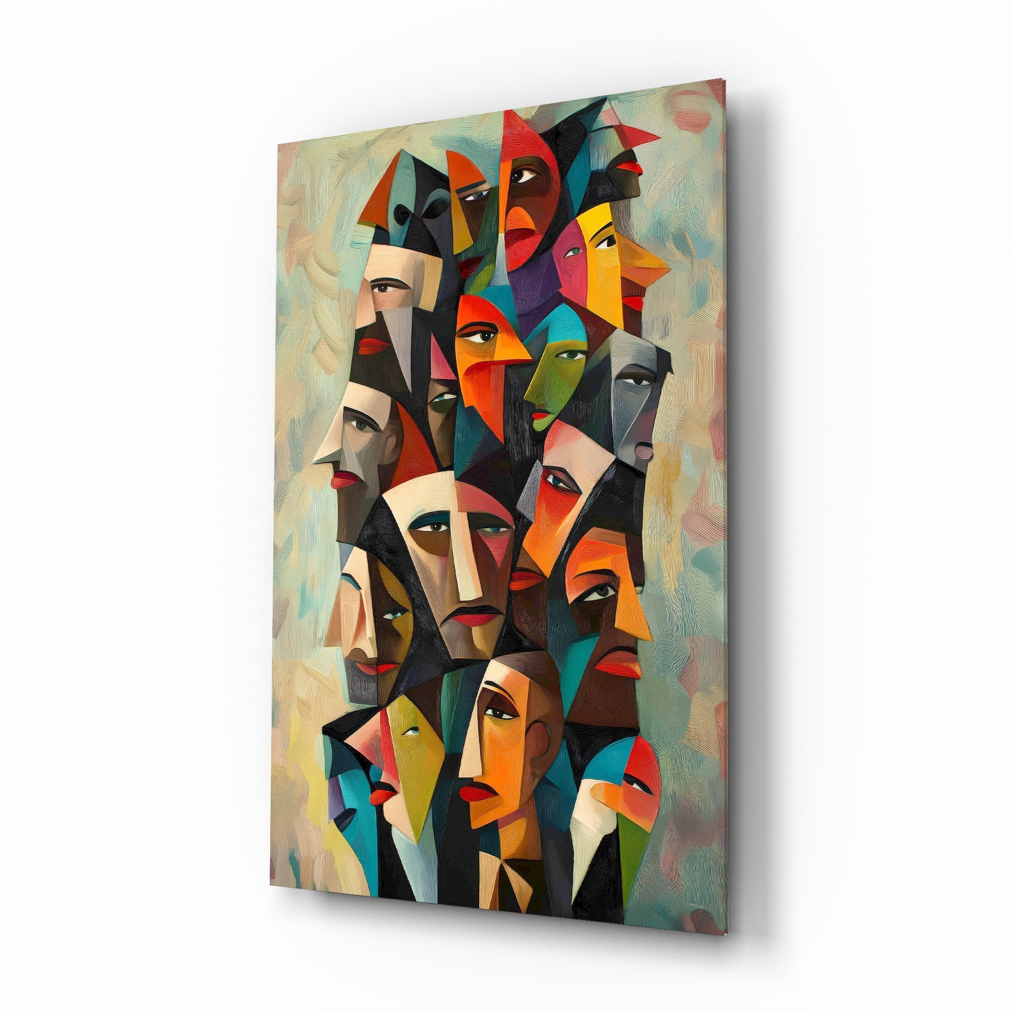 Cubist Faces Bright Colour Crowd Glass Wall Art