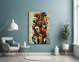 Cubist Faces Bright Colour Crowd Glass Wall Art