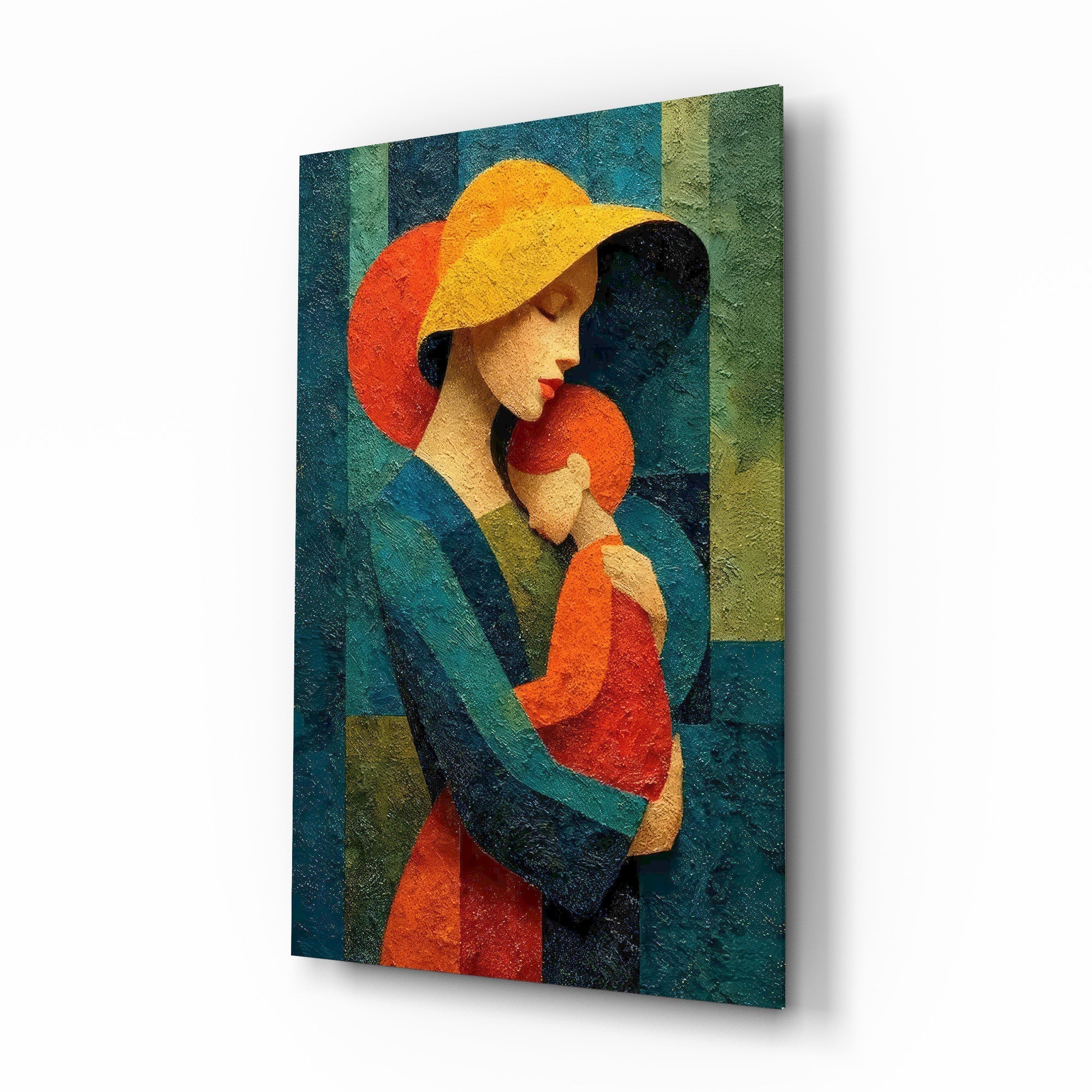 Mother and Child Yellow Hat Textured Glass Wall Art