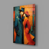 Two Figures in Hats Textured Cubist Glass Wall Art