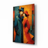 Two Figures in Hats Textured Cubist Glass Wall Art