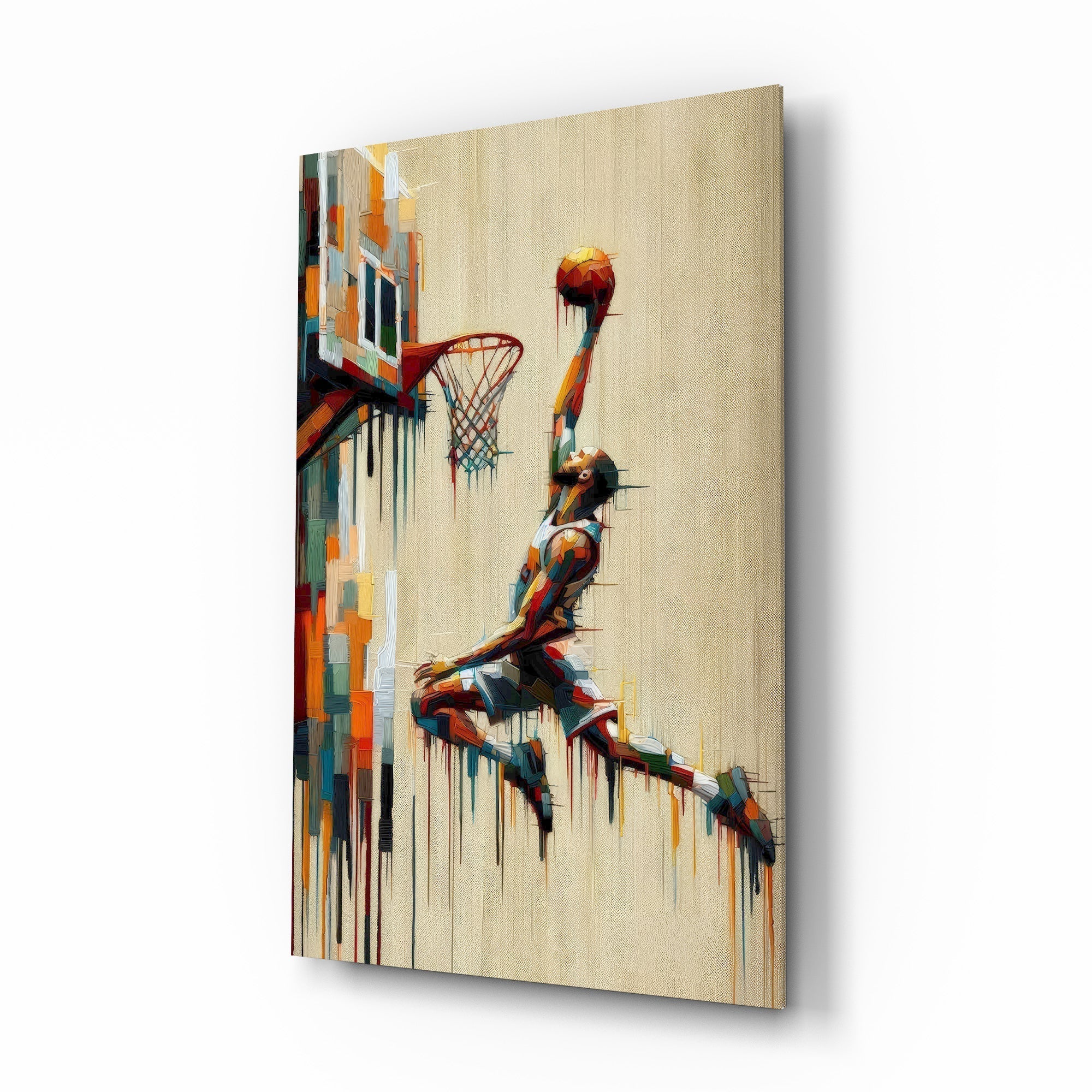 Basketball Dunk Dripping Palette Glass Wall Art