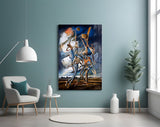 Stilt Figures Under Storm Sky Surreal Glass Wall Art