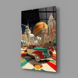 Retro Future City and Classic Car Glass Wall Art