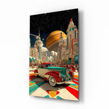Retro Future City and Classic Car Glass Wall Art