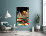 Retro Future City and Classic Car Glass Wall Art