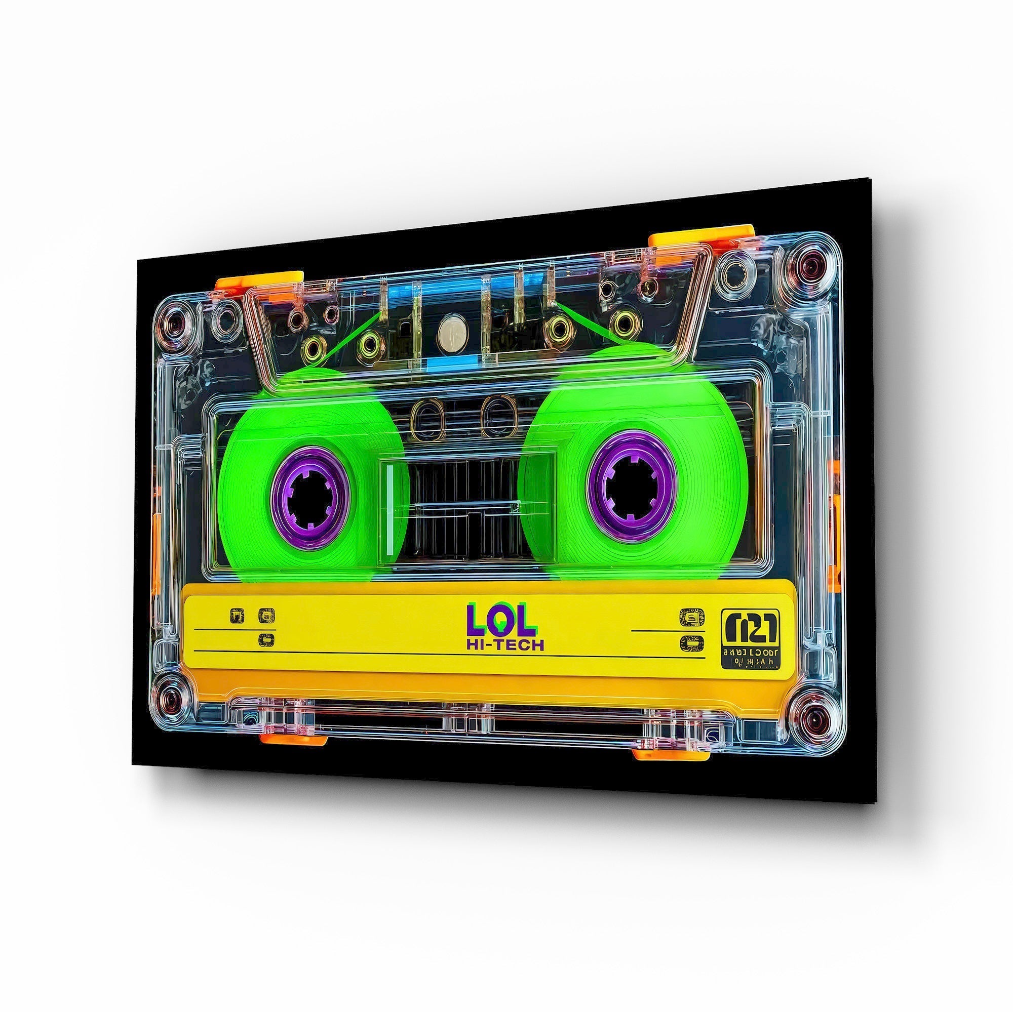 Neon Green Cassette Tape Macro Glass Wall Art