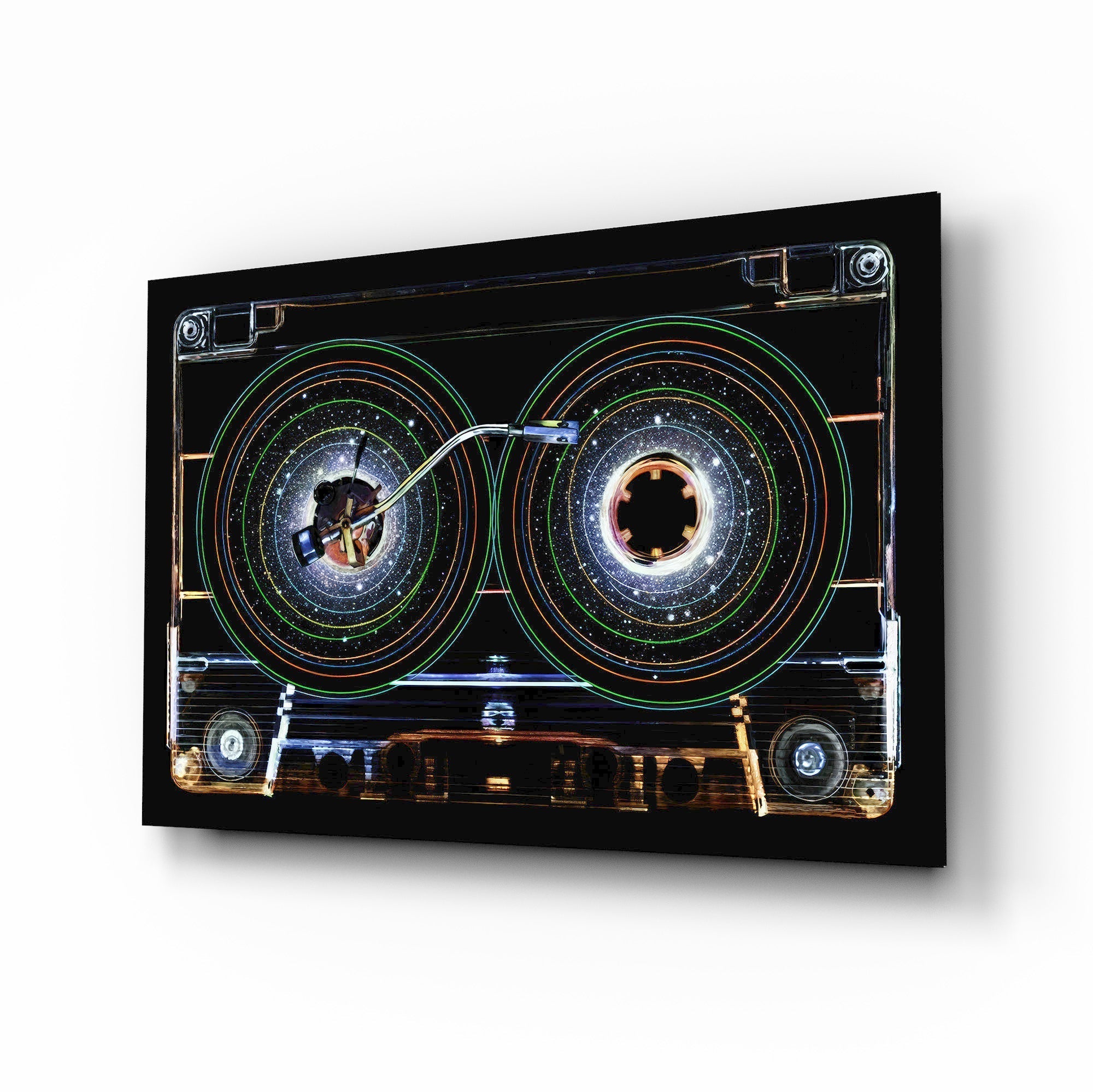 Cosmic Cassette Neon Rings Glass Wall Art