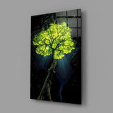 Glowing Golden Tree at Night Glass Wall Art
