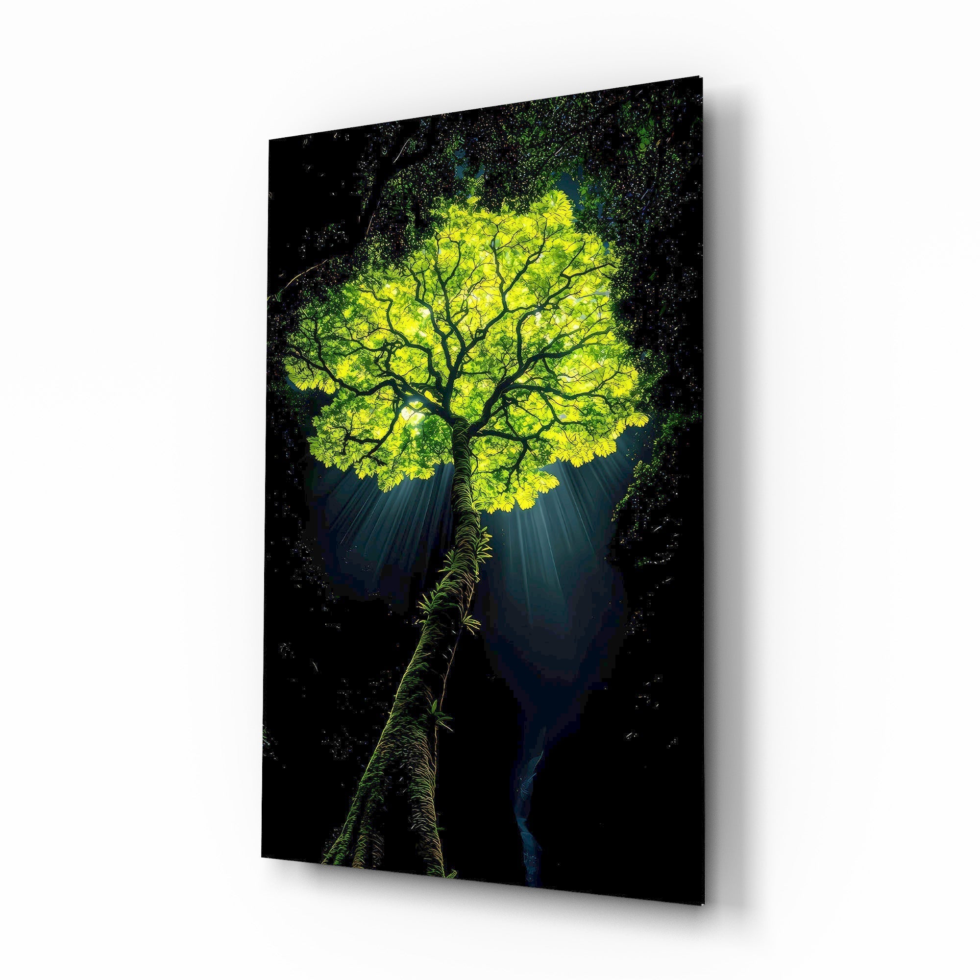 Glowing Golden Tree at Night Glass Wall Art