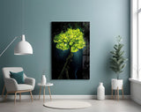 Glowing Golden Tree at Night Glass Wall Art