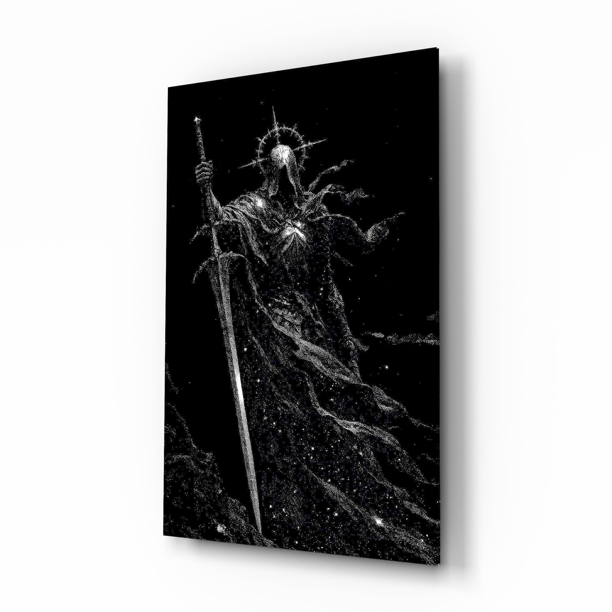 Cosmic Knight Silhouette Monochrome Glass Wall Art