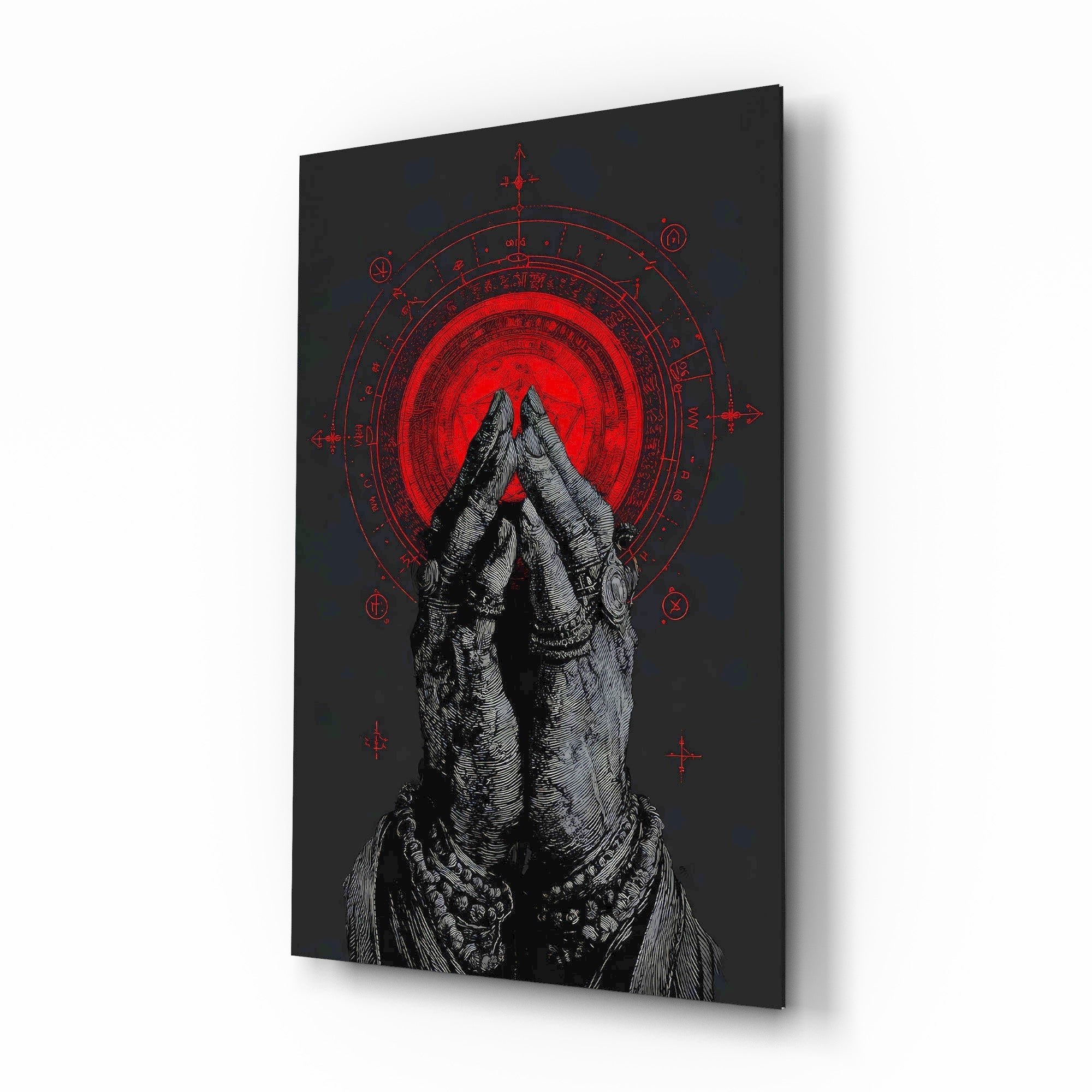 Praying Hands Red Mandala Glass Wall Art