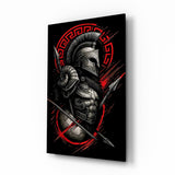 Spartan Warrior with Spears Red Greek Key Glass Wall Art