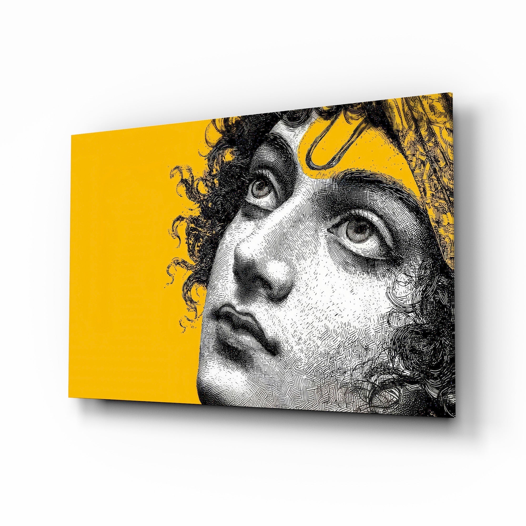 Classical Statue Face on Yellow Pop Art Glass Wall Art